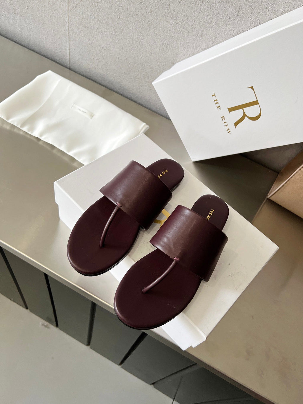 THE ROW 26S FLAT THONG SANDALS IN BURGUNDY RED CALFSKIN