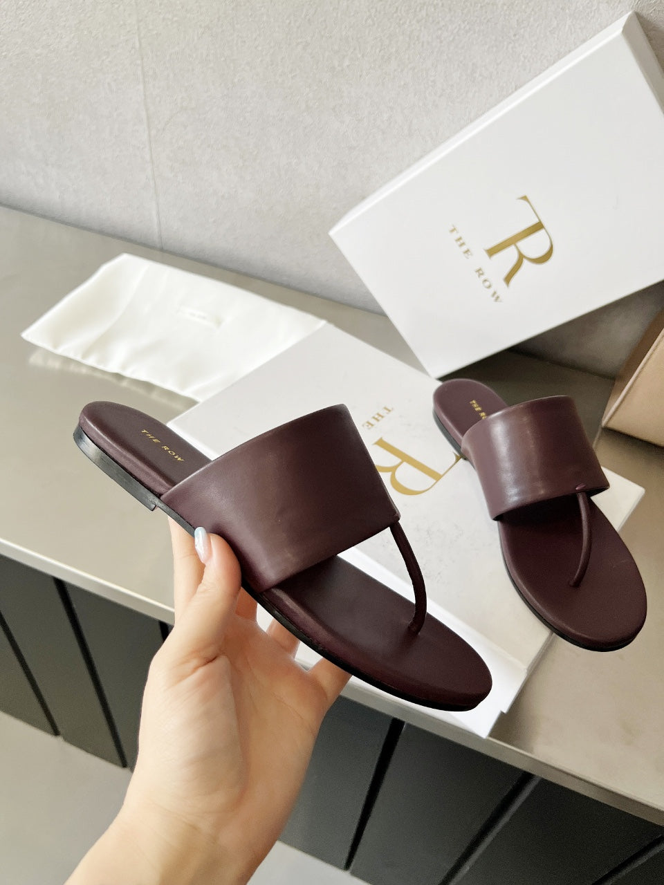 THE ROW 26S FLAT THONG SANDALS IN BURGUNDY RED CALFSKIN