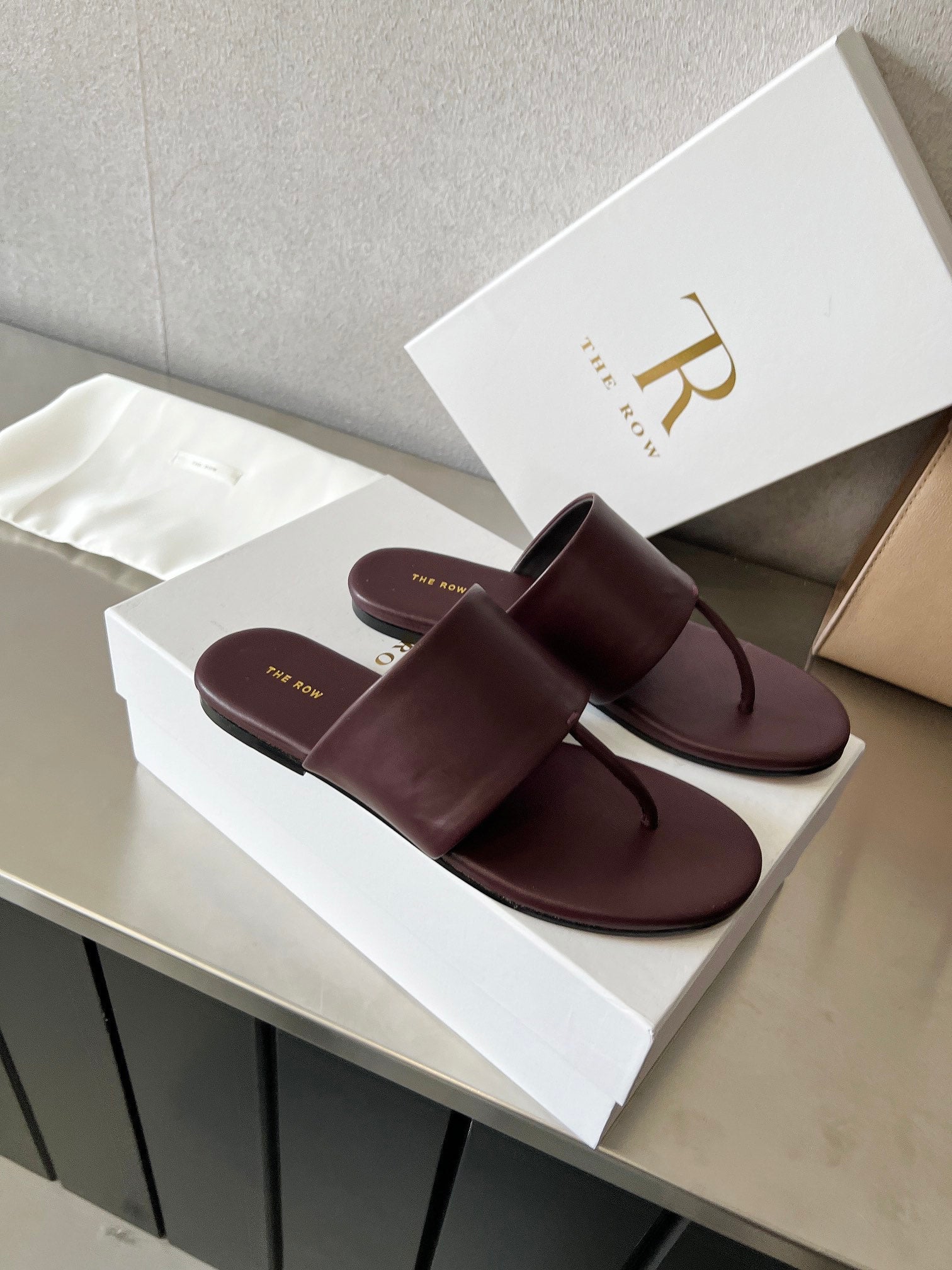 THE ROW 26S FLAT THONG SANDALS IN BURGUNDY RED CALFSKIN