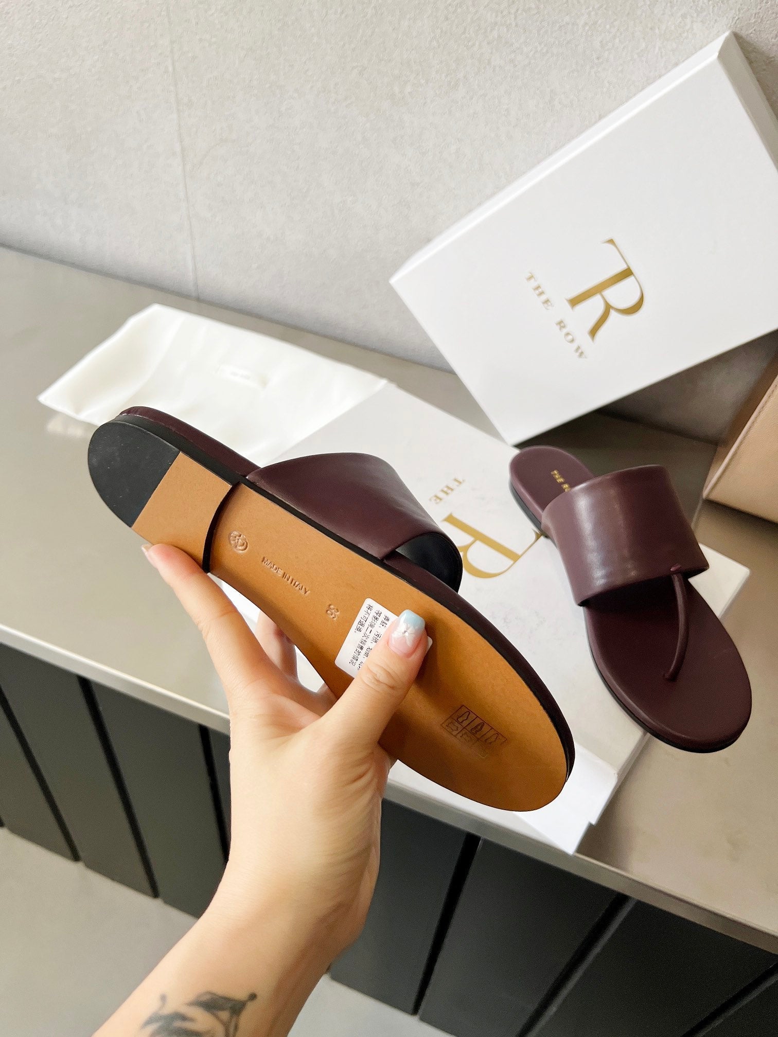 THE ROW 26S FLAT THONG SANDALS IN BURGUNDY RED CALFSKIN