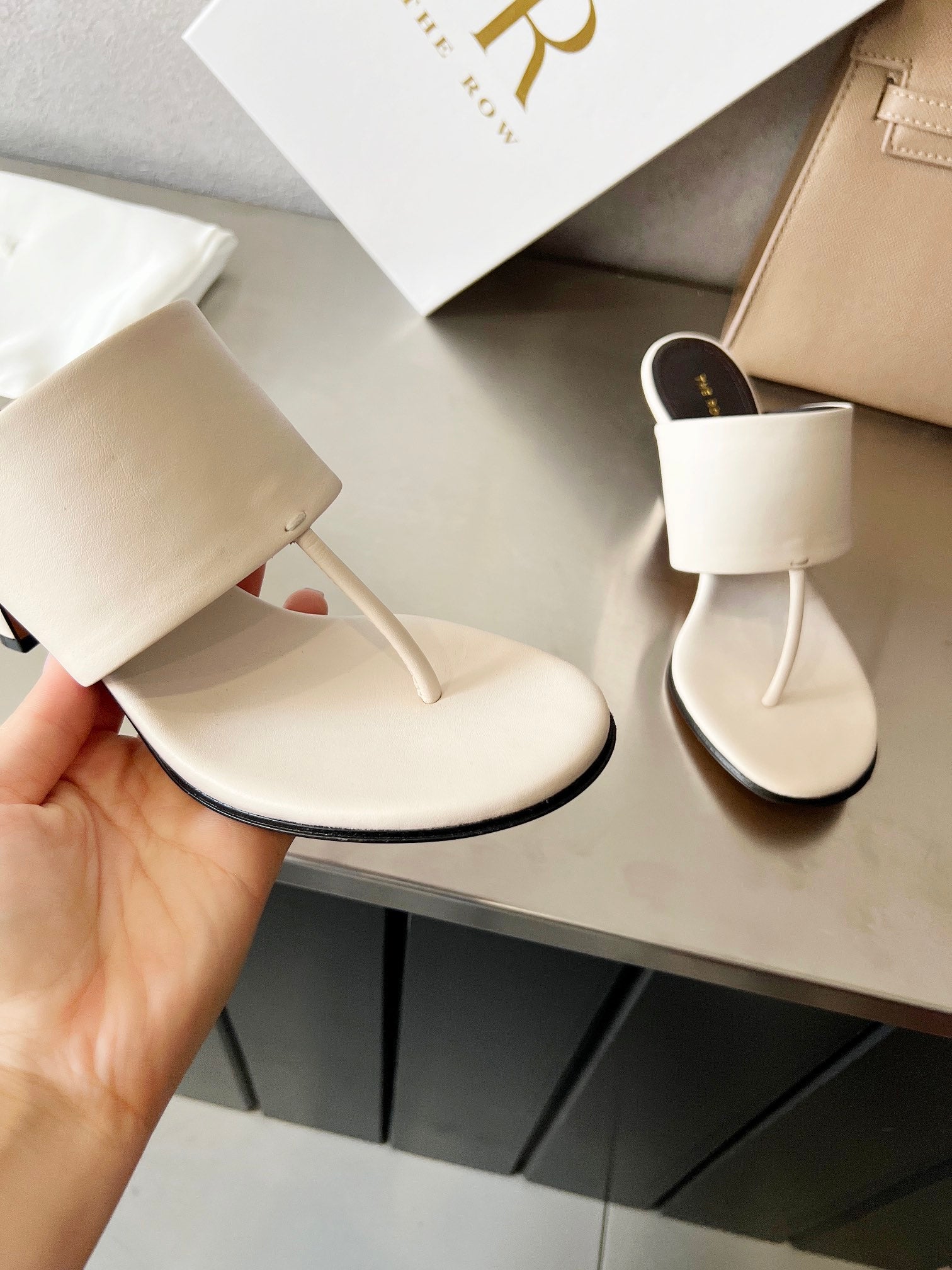 THE ROW 26S HEELED THONG MULES 60MM IN WHITE CALFSKIN