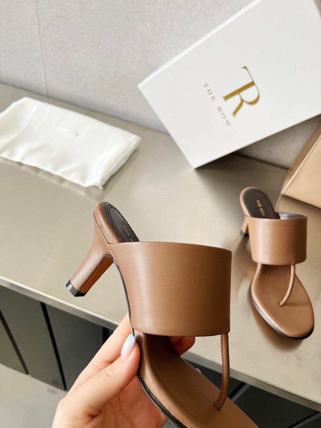 THE ROW 26S HEELED THONG MULES 60MM IN BROWN CALFSKIN