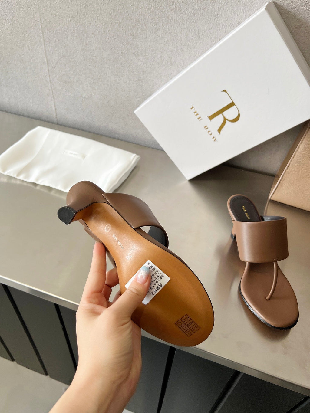 THE ROW 26S HEELED THONG MULES 60MM IN BROWN CALFSKIN