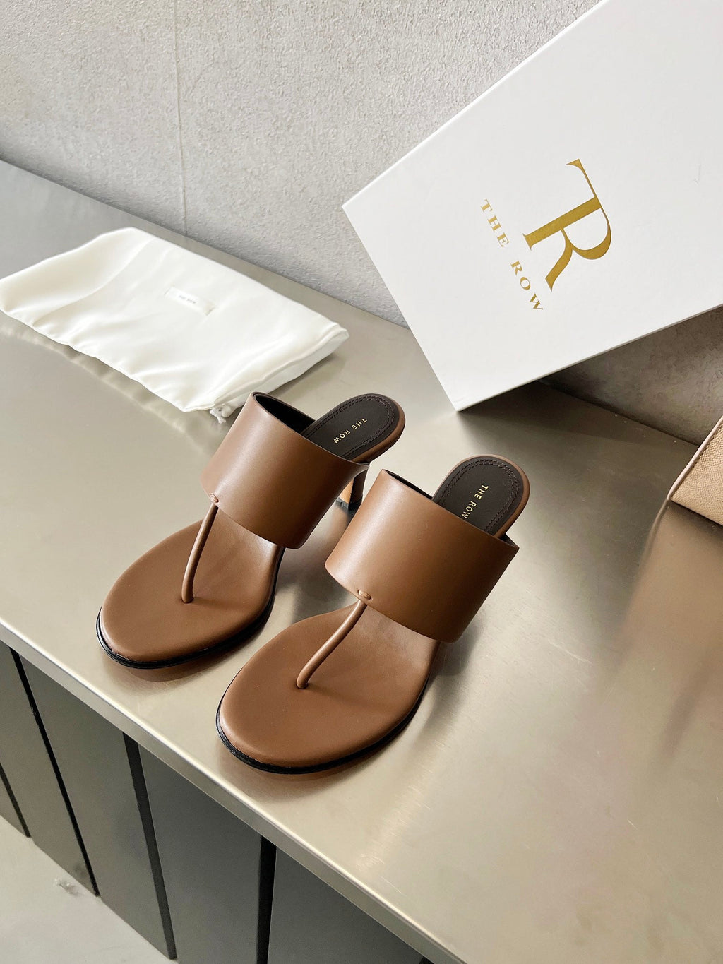 THE ROW 26S HEELED THONG MULES 60MM IN BROWN CALFSKIN