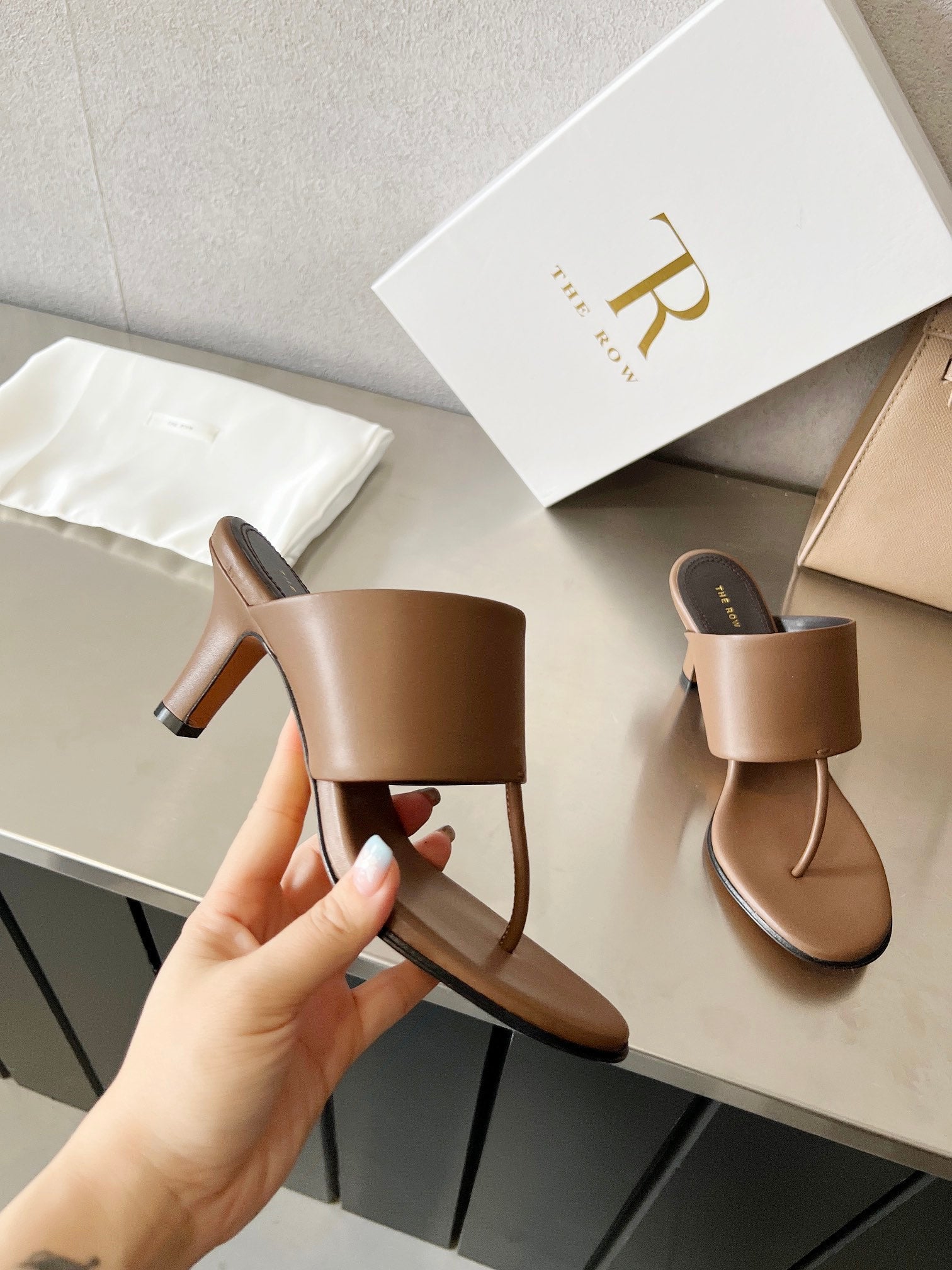 THE ROW 26S HEELED THONG MULES 60MM IN BROWN CALFSKIN