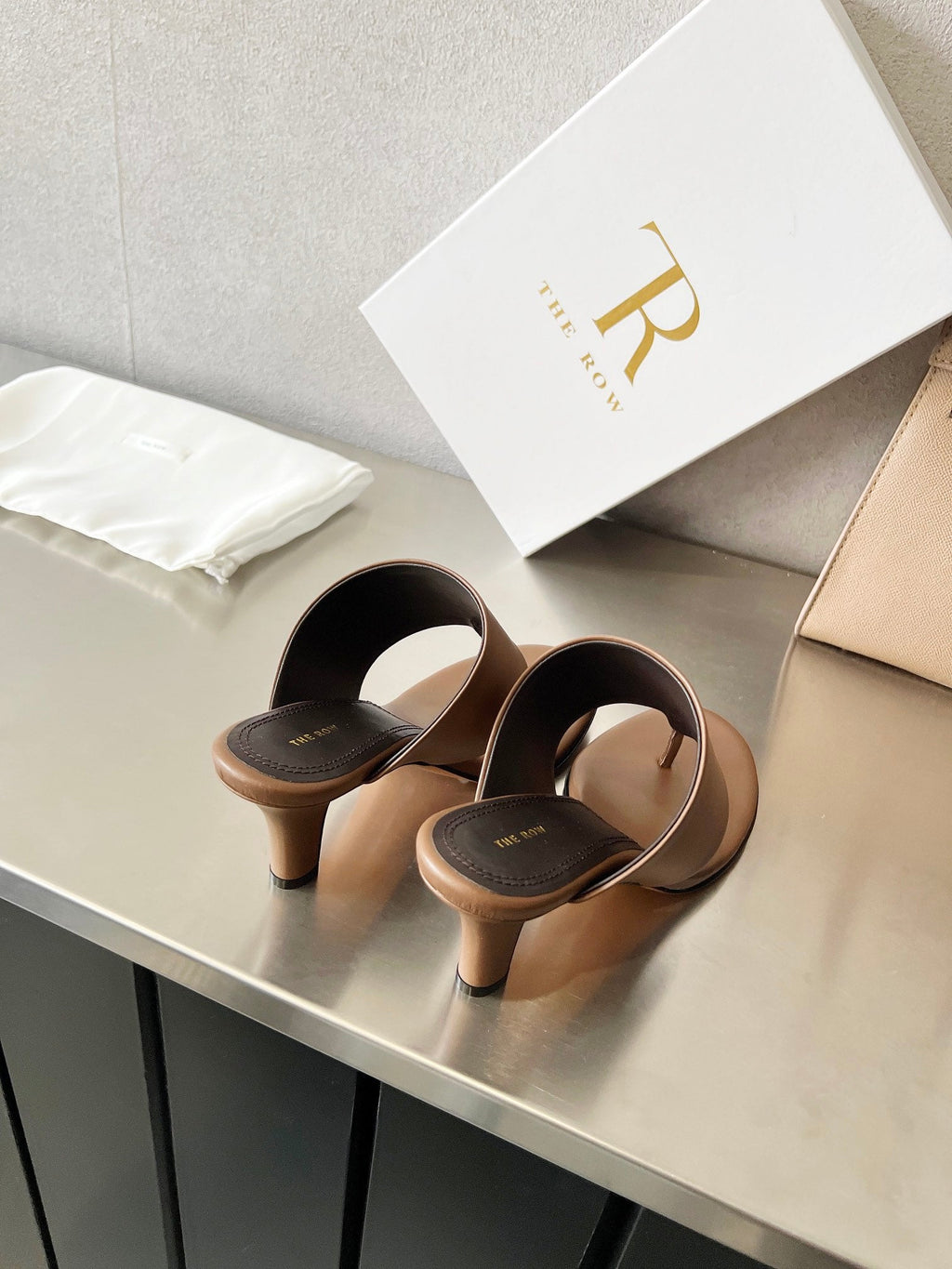 THE ROW 26S HEELED THONG MULES 60MM IN BROWN CALFSKIN
