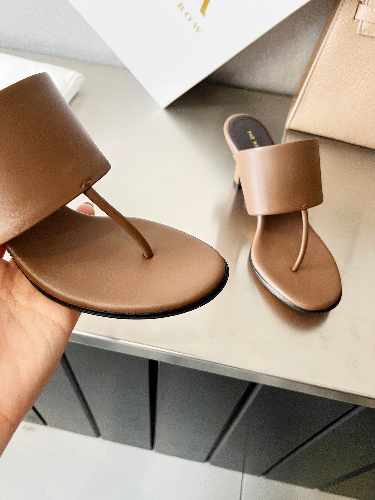 THE ROW 26S HEELED THONG MULES 60MM IN BROWN CALFSKIN