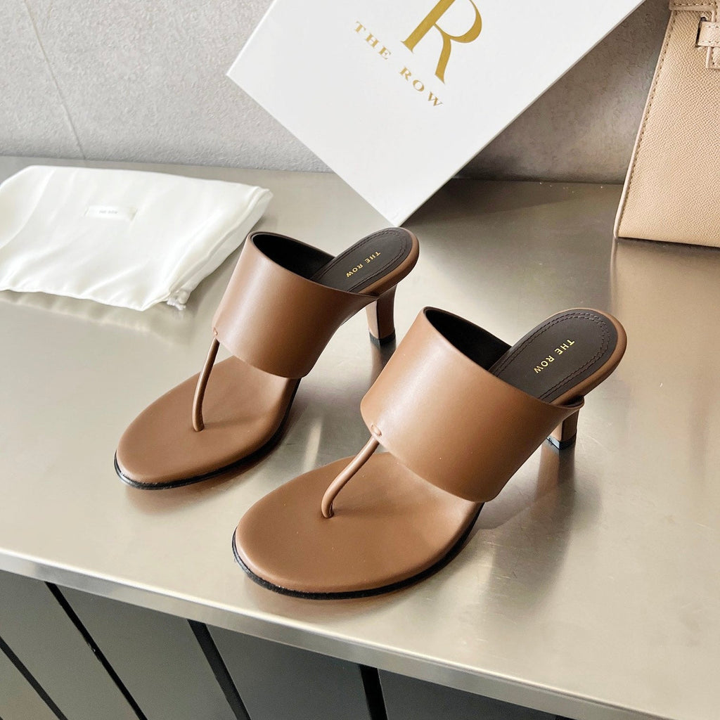 THE ROW 26S HEELED THONG MULES 60MM IN BROWN CALFSKIN
