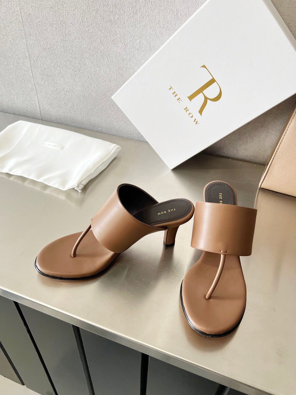THE ROW 26S HEELED THONG MULES 60MM IN BROWN CALFSKIN