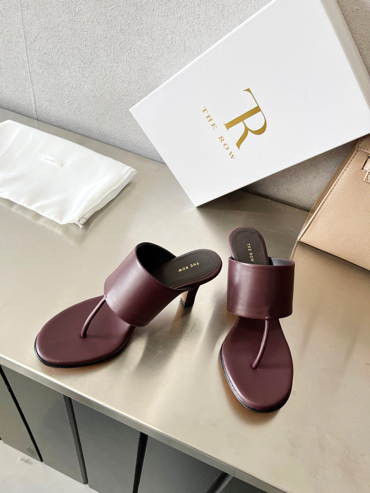 THE ROW 26S HEELED THONG MULES 60MM IN BURGUNDY RED CALFSKIN