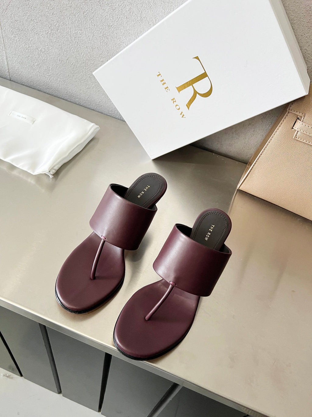THE ROW 26S HEELED THONG MULES 60MM IN BURGUNDY RED CALFSKIN