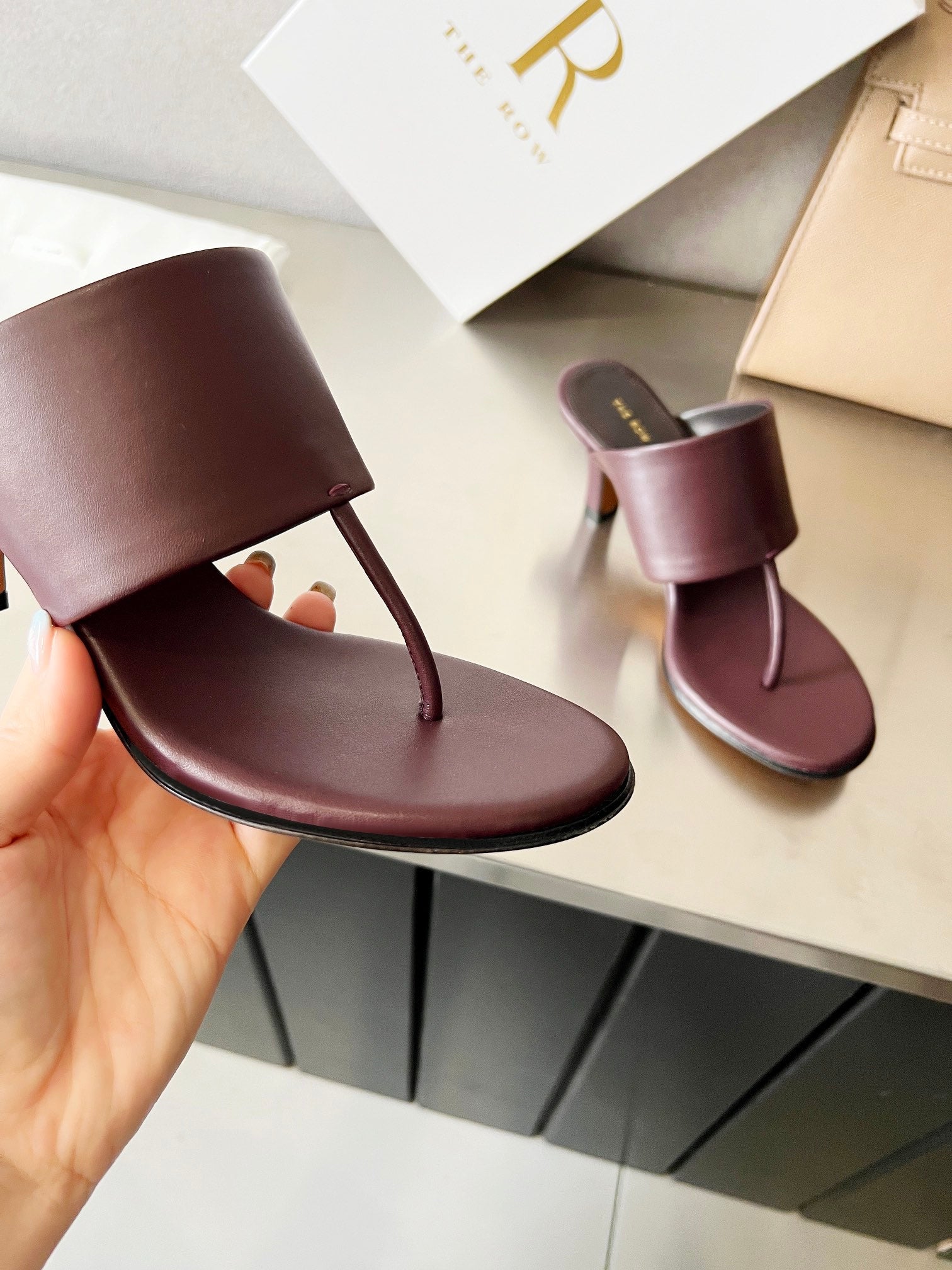 THE ROW 26S HEELED THONG MULES 60MM IN BURGUNDY RED CALFSKIN