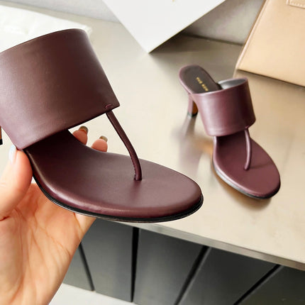 THE ROW 26S HEELED THONG MULES 60MM IN BURGUNDY RED CALFSKIN