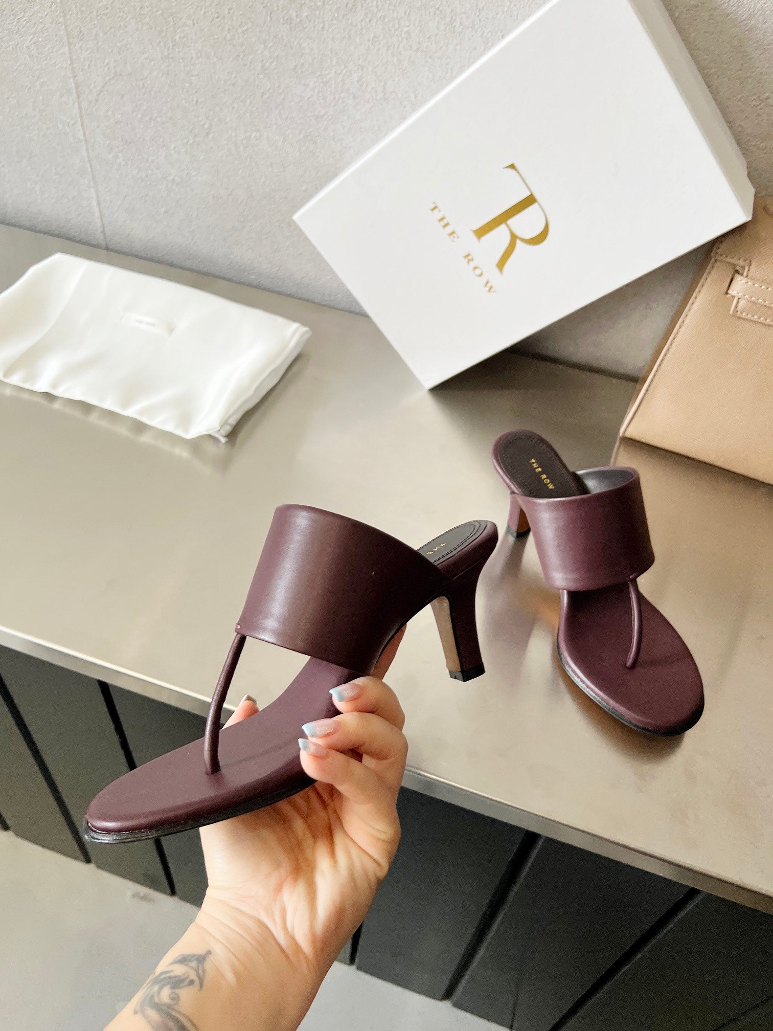 THE ROW 26S HEELED THONG MULES 60MM IN BURGUNDY RED CALFSKIN