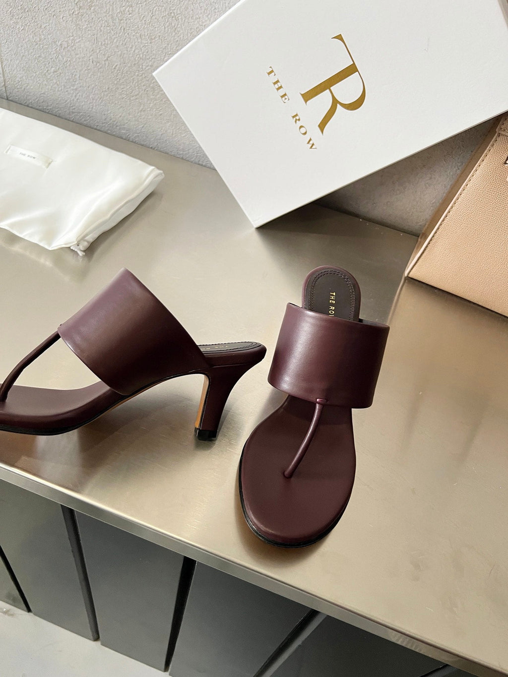 THE ROW 26S HEELED THONG MULES 60MM IN BURGUNDY RED CALFSKIN