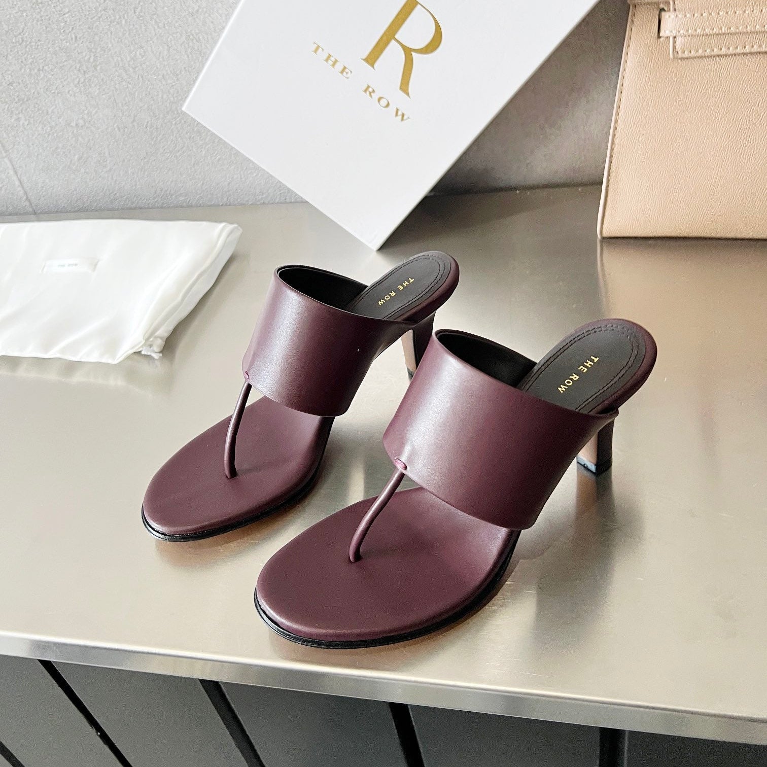 THE ROW 26S HEELED THONG MULES 60MM IN BURGUNDY RED CALFSKIN