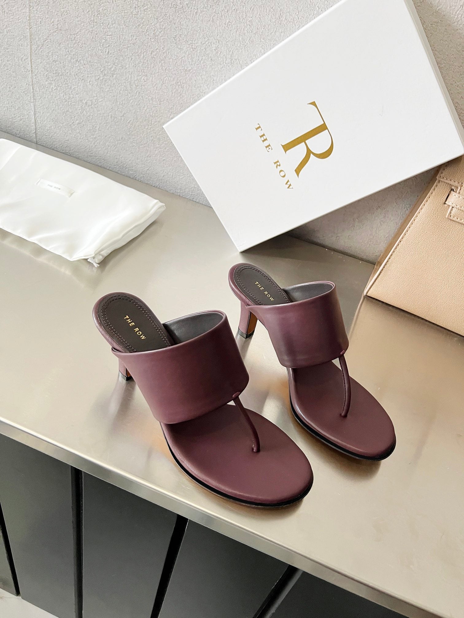 THE ROW 26S HEELED THONG MULES 60MM IN BURGUNDY RED CALFSKIN