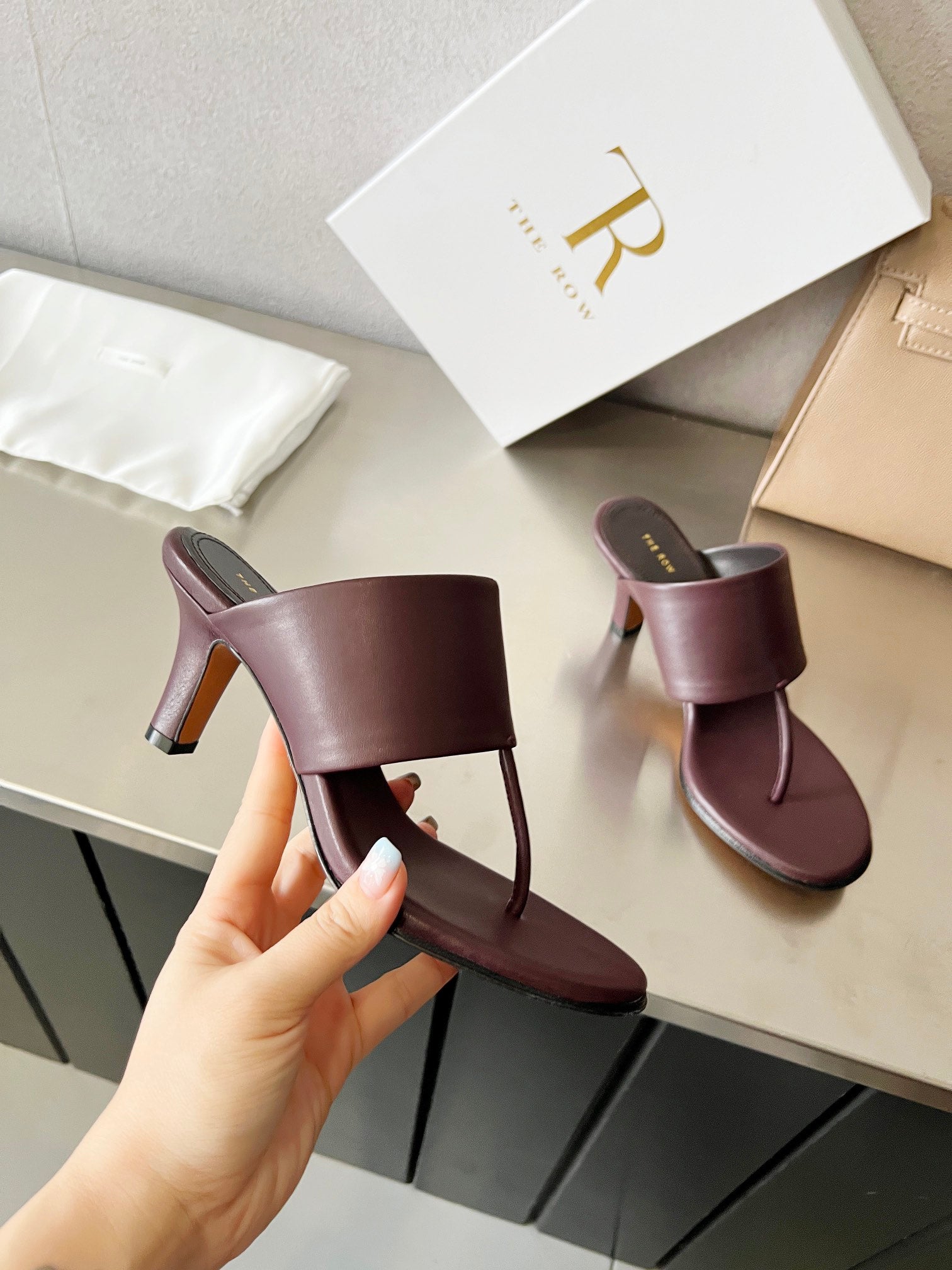 THE ROW 26S HEELED THONG MULES 60MM IN BURGUNDY RED CALFSKIN