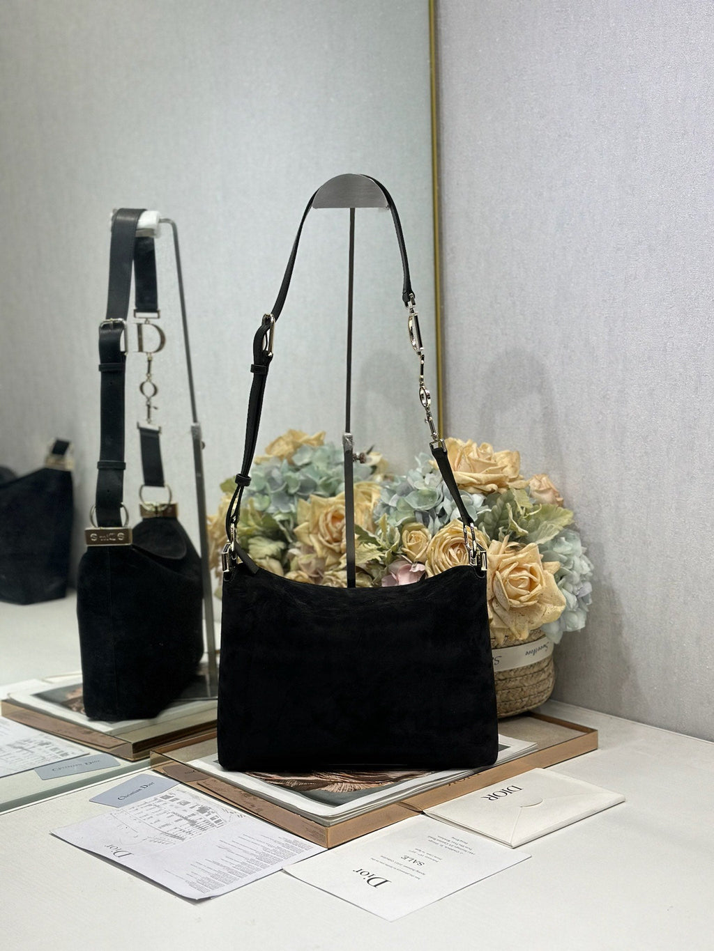 DIOR 26S DIORLY BAG 28 IN BLACK SUEDE