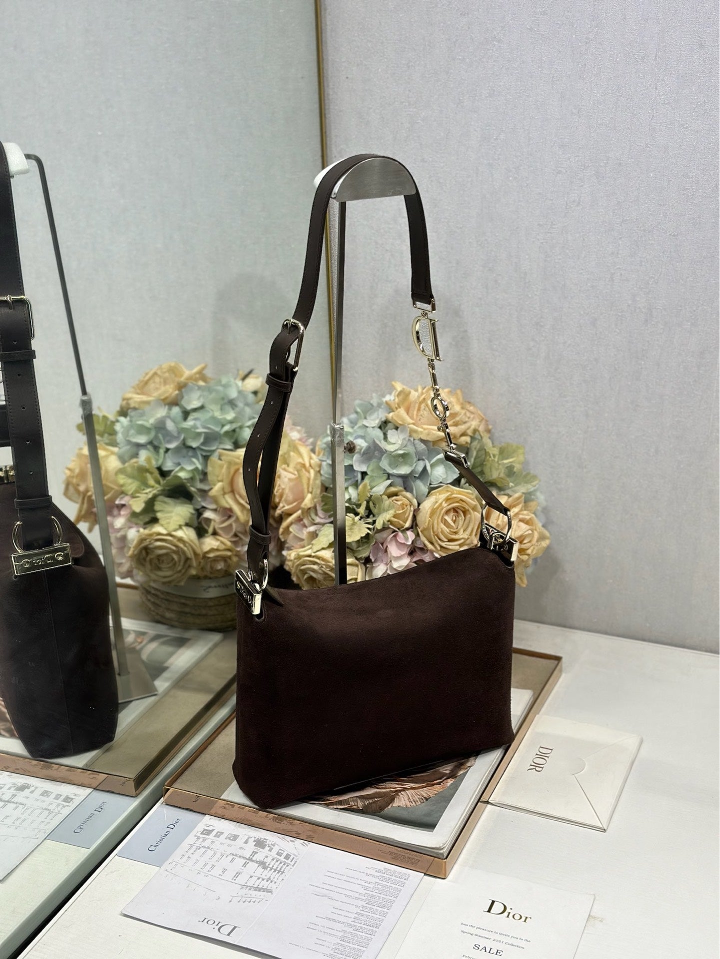 DIOR 26S DIORLY BAG 28 IN DARK BROWN SUEDE