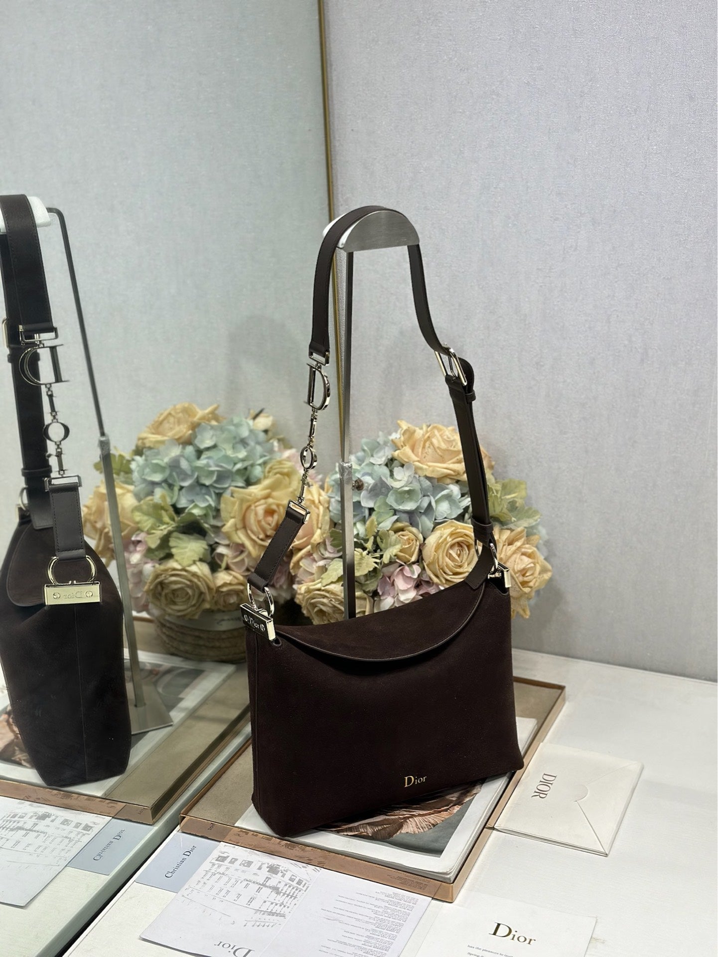 DIOR 26S DIORLY BAG 28 IN DARK BROWN SUEDE