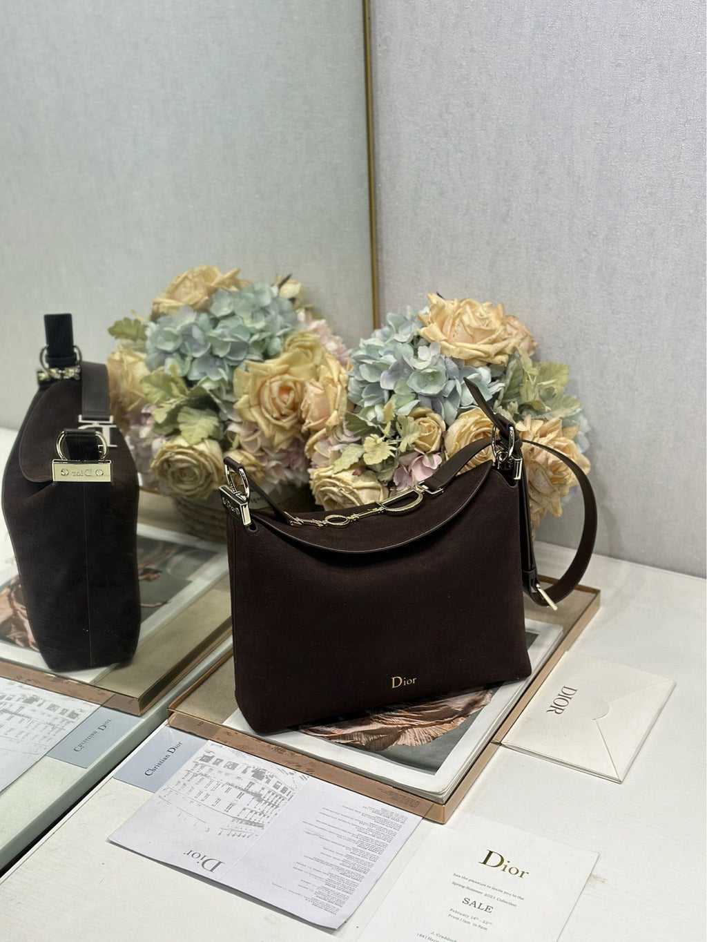 DIOR 26S DIORLY BAG 33 IN DRAK BROWN SUEDE