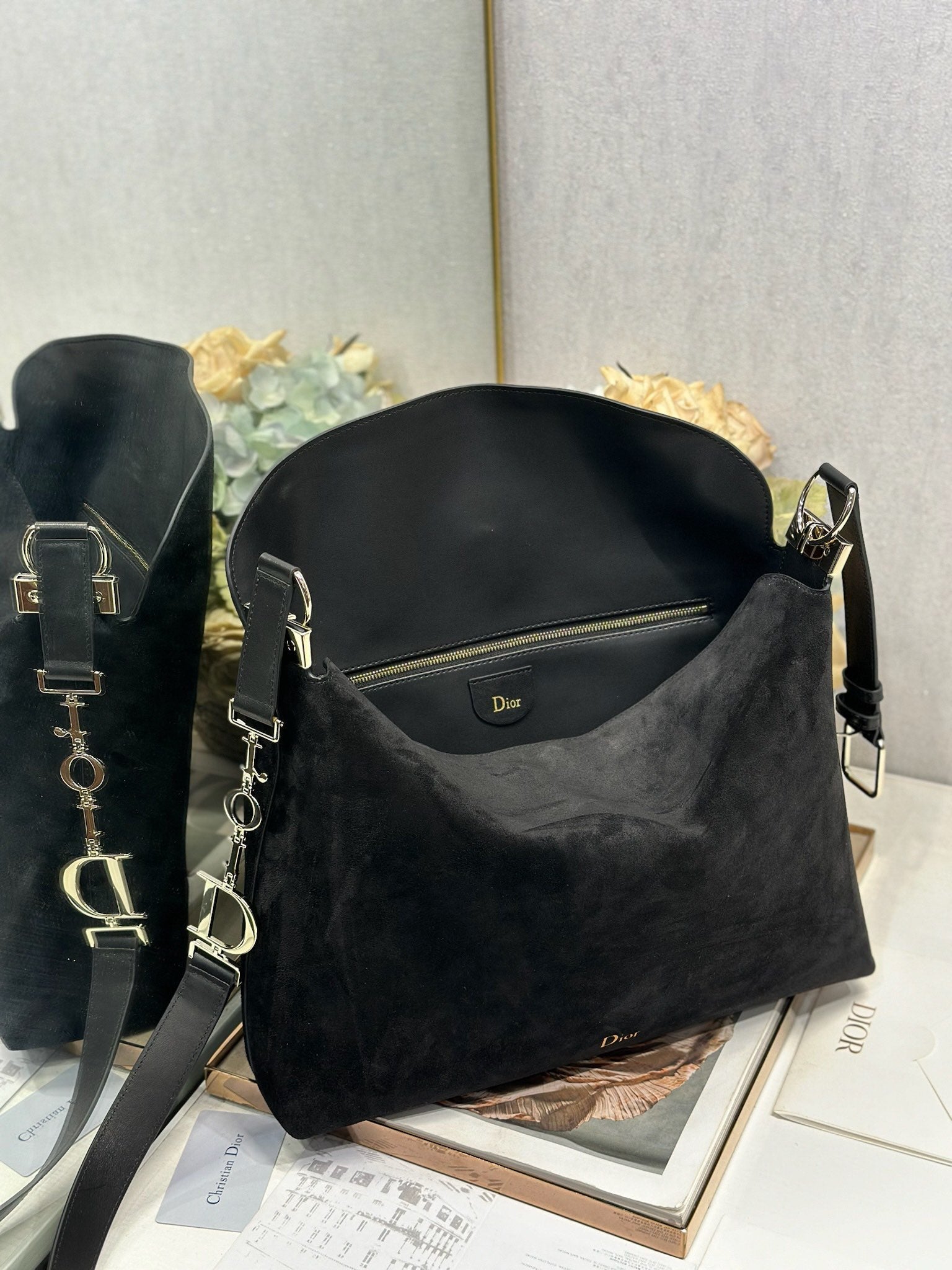DIOR 26S DIORLY BAG 36 IN BLACK SUEDE