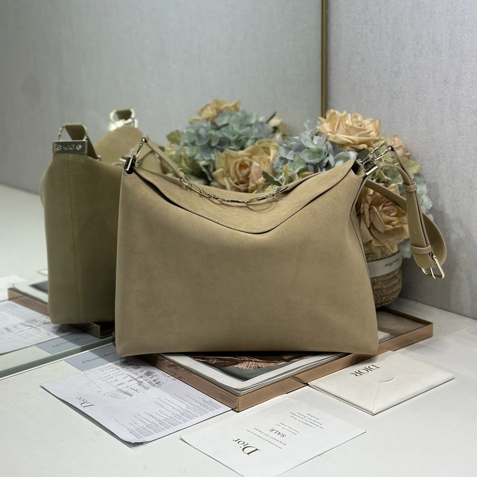 DIOR 26S DIORLY BAG 36 IN BEIGE SUEDE