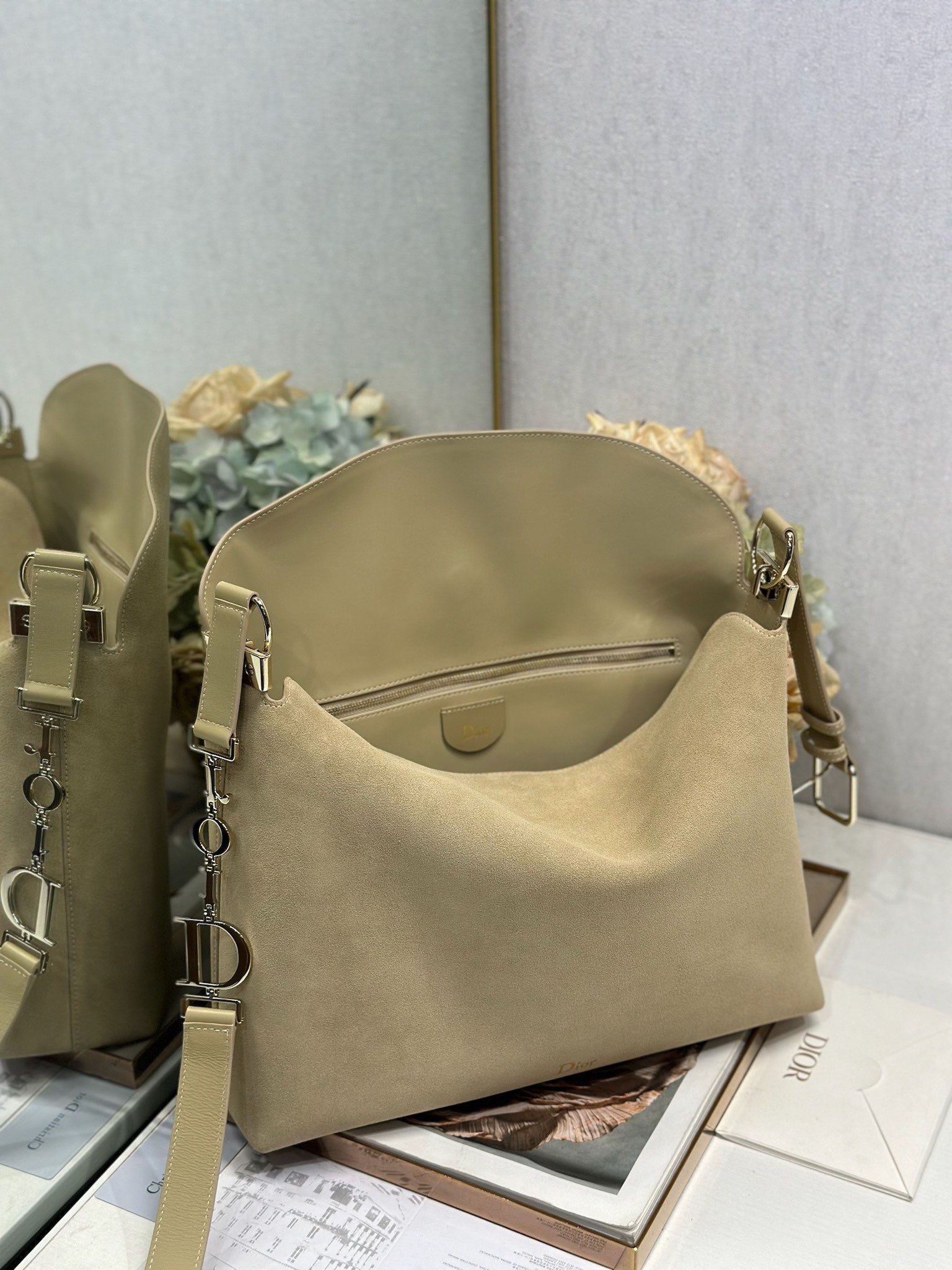 DIOR 26S DIORLY BAG 36 IN BEIGE SUEDE