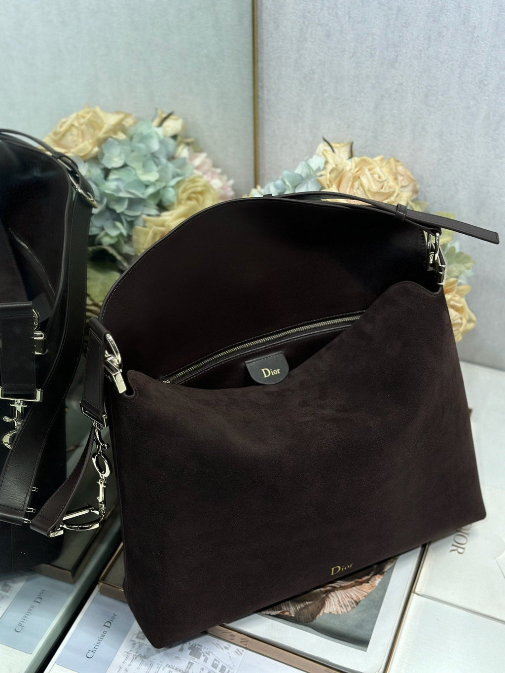 DIOR 26S DIORLY BAG 36 IN DARK BROWN SUEDE