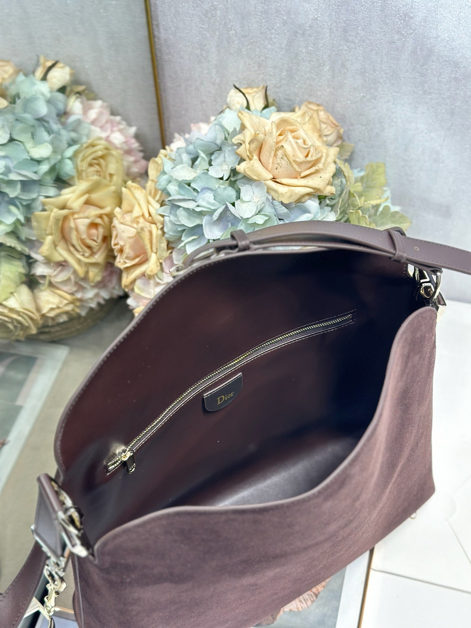 DIOR 26S DIORLY BAG 36 IN DARK BROWN SUEDE