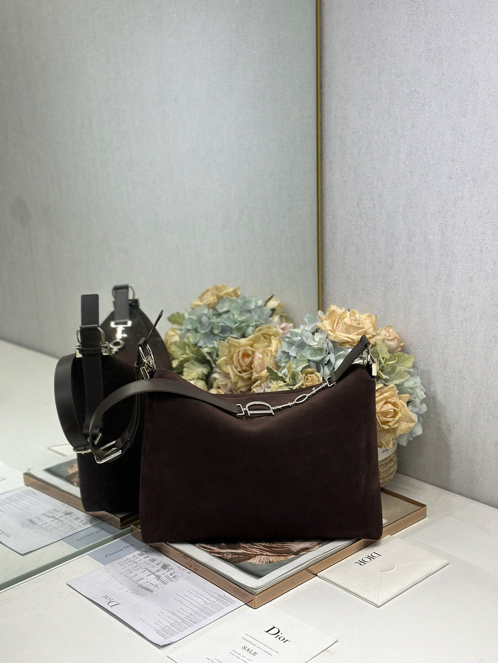 DIOR 26S DIORLY BAG 36 IN DARK BROWN SUEDE