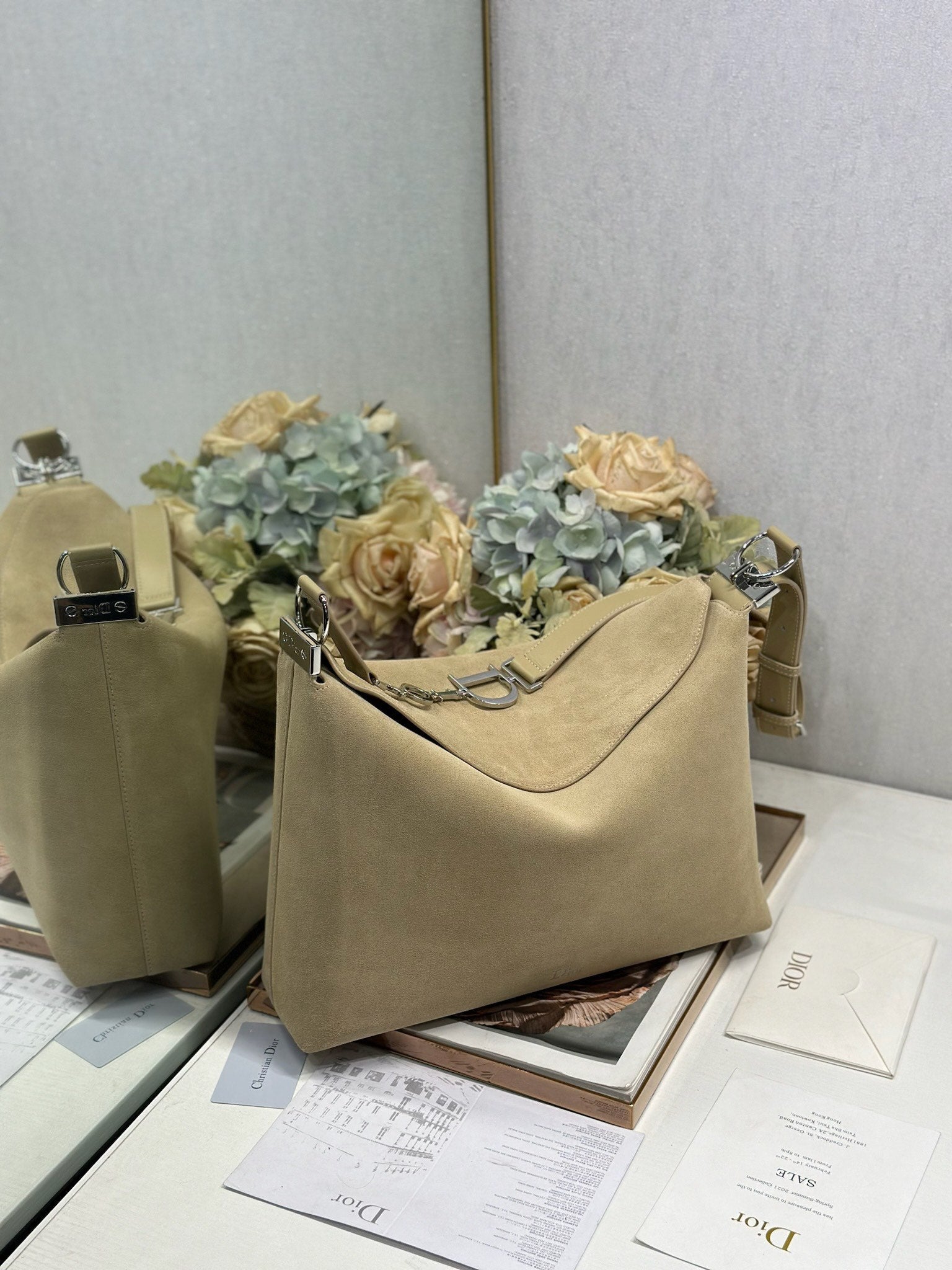 DIOR 26S DIORLY BAG 39 IN BEIGE SUEDE