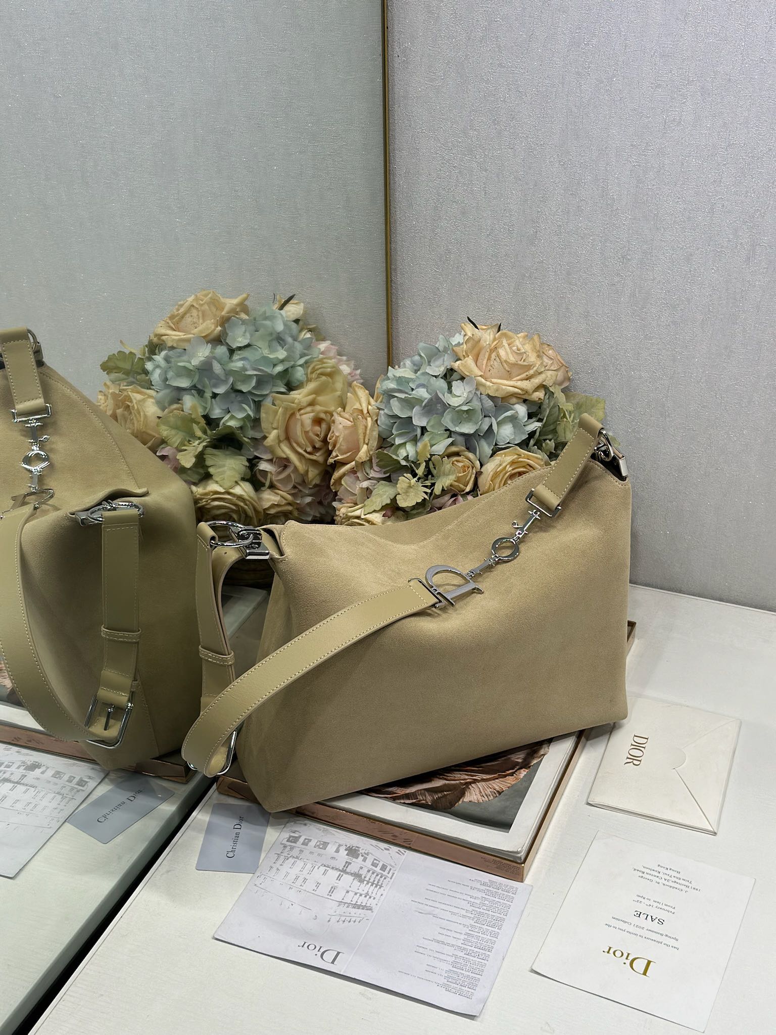 DIOR 26S DIORLY BAG 39 IN BEIGE SUEDE