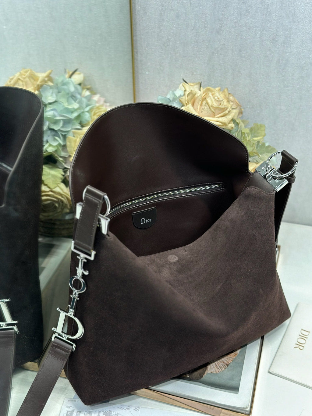 DIOR 26S DIORLY BAG 39 IN DARK BROWN SUEDE
