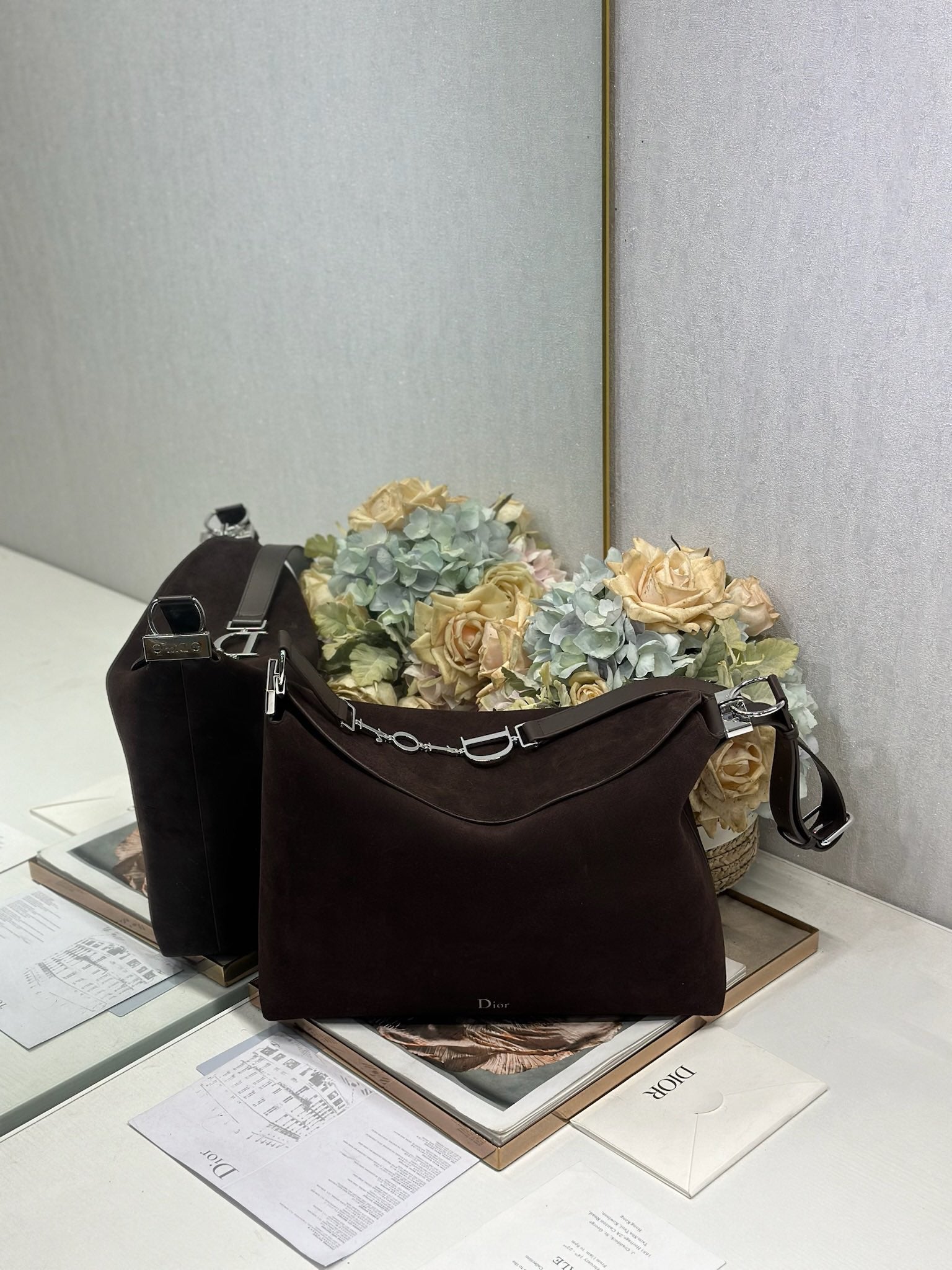 DIOR 26S DIORLY BAG 39 IN DARK BROWN SUEDE