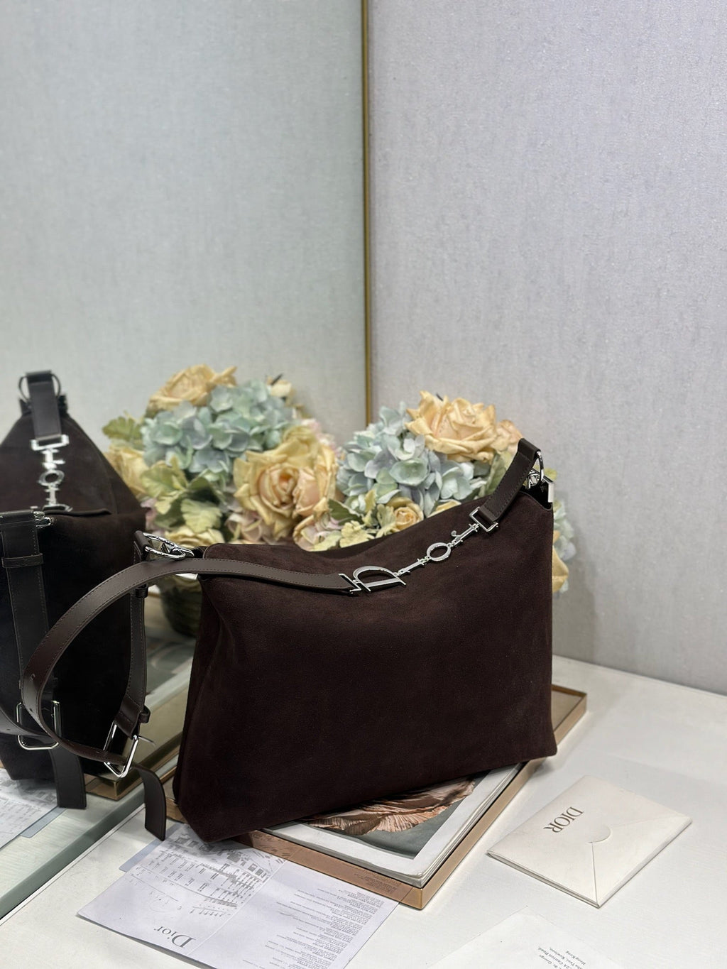 DIOR 26S DIORLY BAG 39 IN DARK BROWN SUEDE