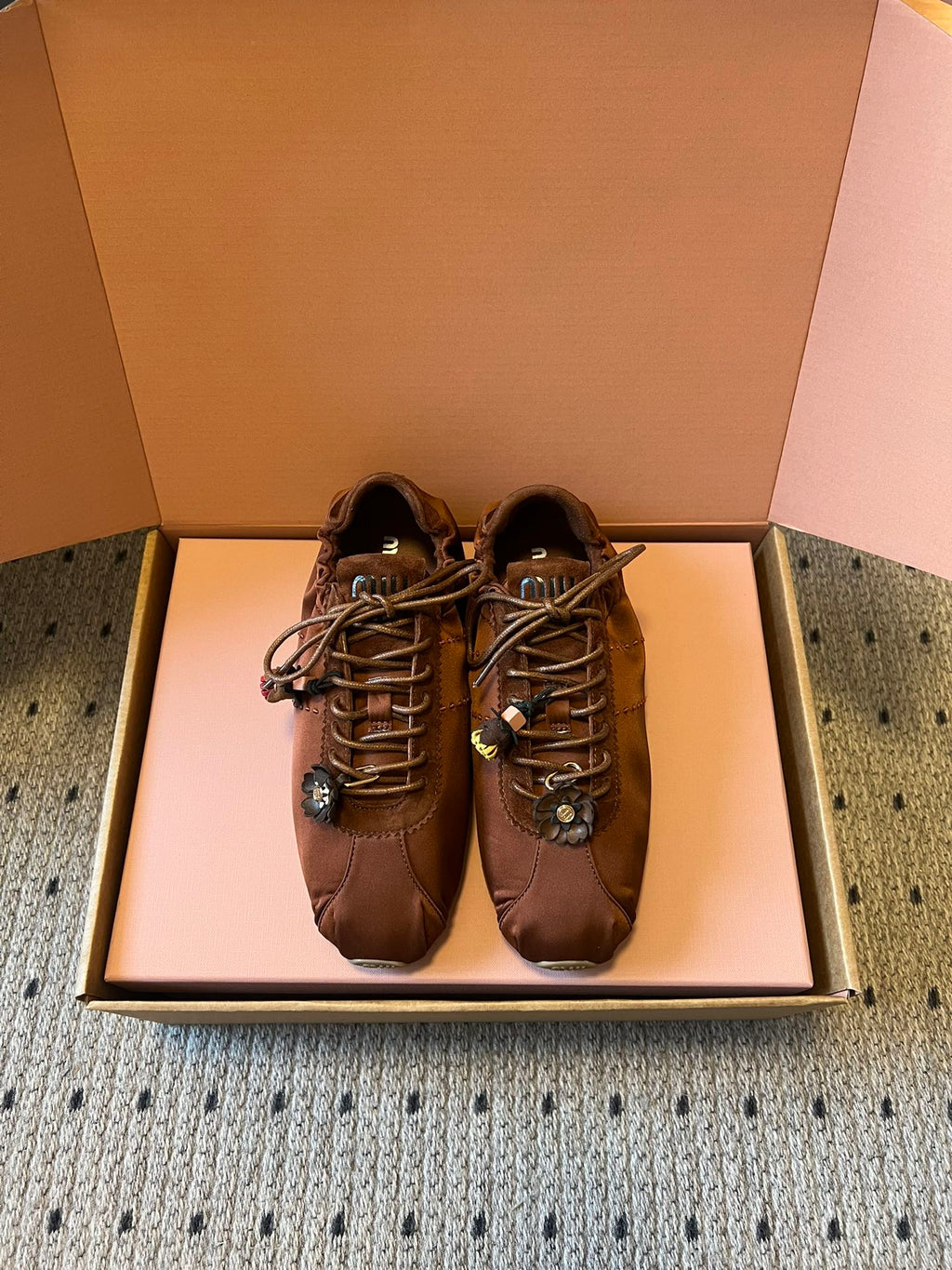 MIUMIU 26S SNEAKERS IN CHOCOLATE BROWN PLUME SATIN