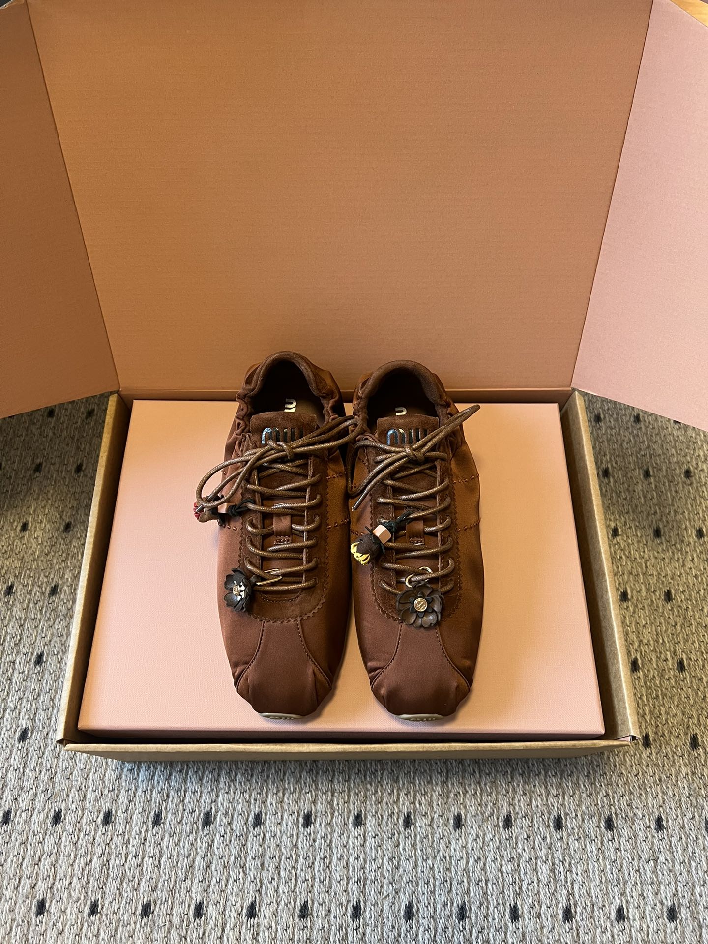 MIUMIU 26S SNEAKERS IN CHOCOLATE BROWN PLUME SATIN