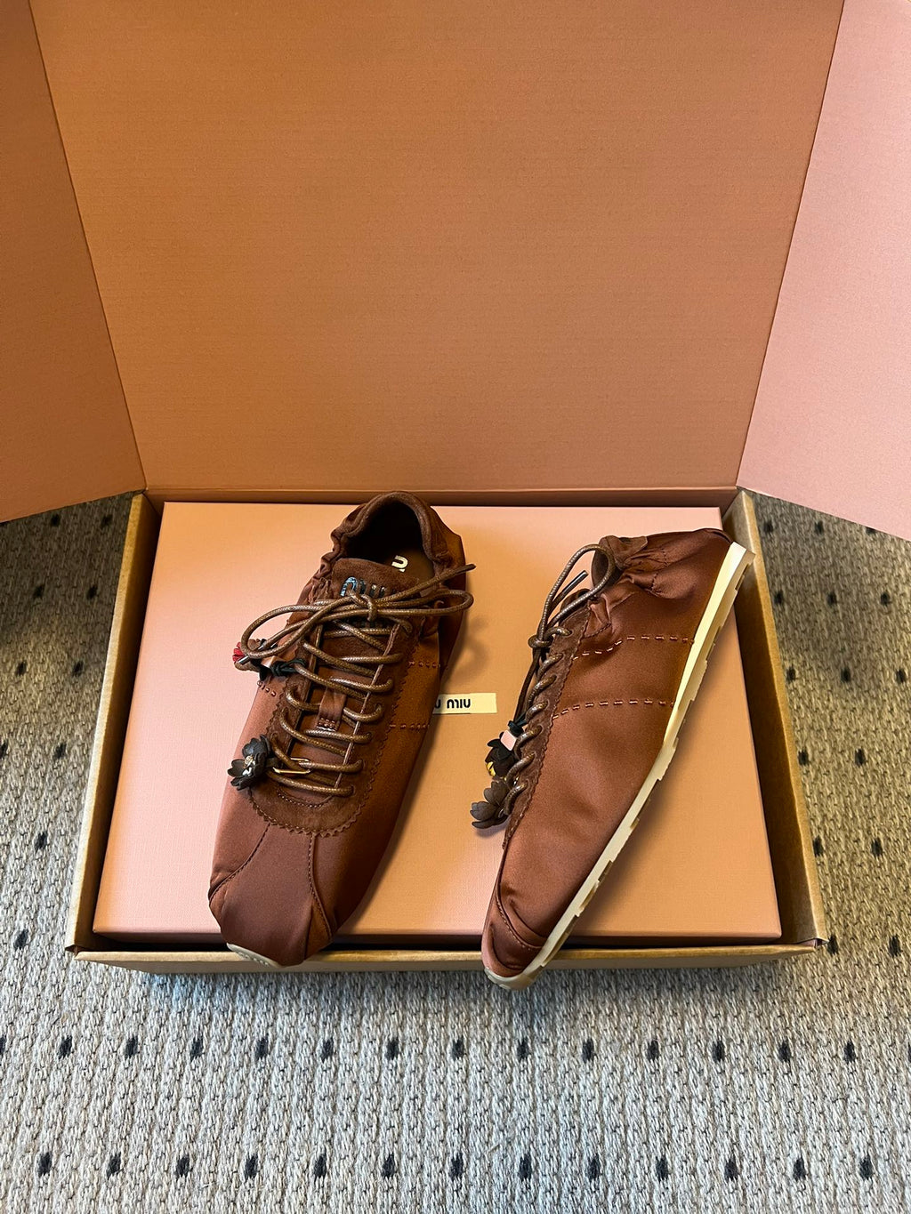 MIUMIU 26S SNEAKERS IN CHOCOLATE BROWN PLUME SATIN