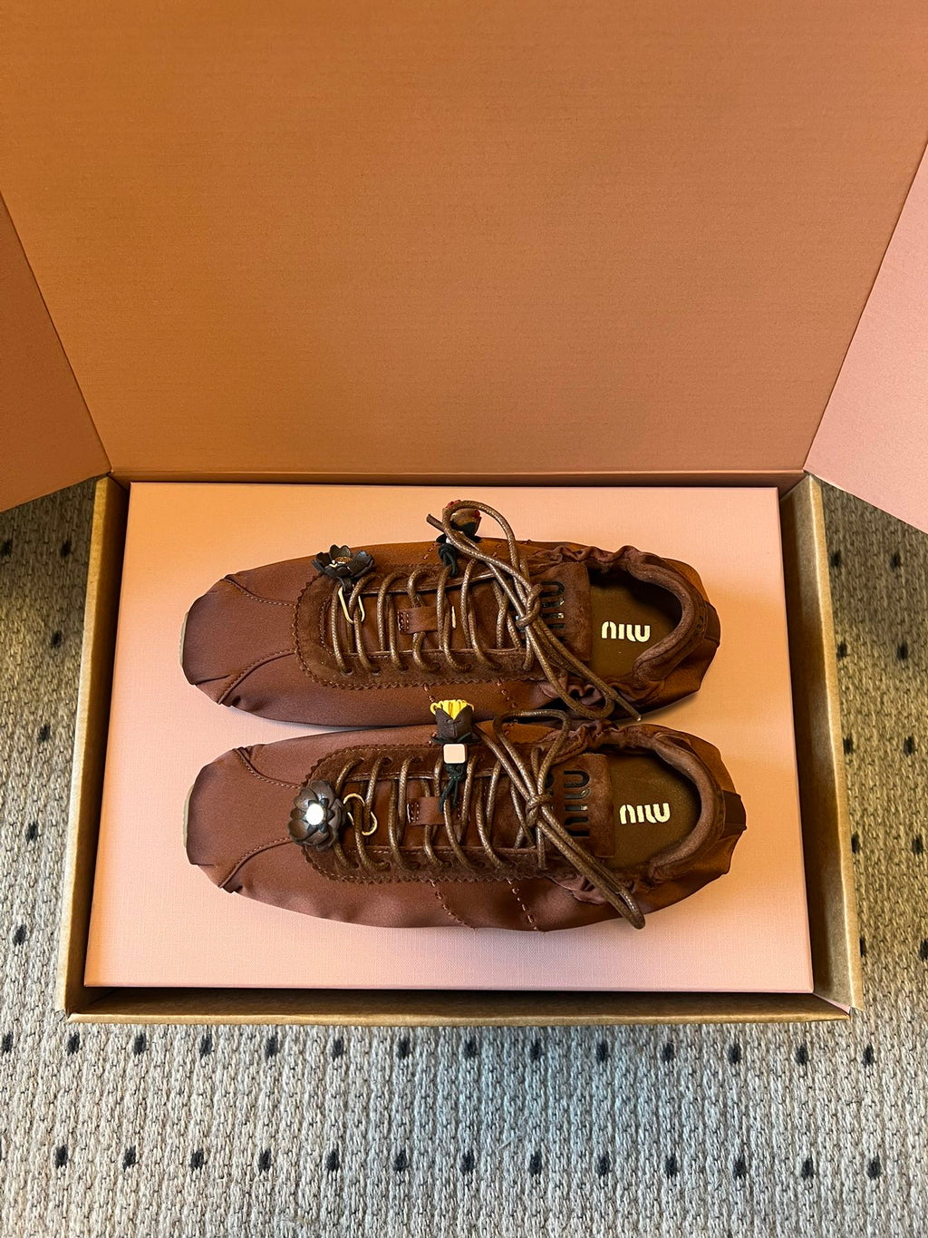 MIUMIU 26S SNEAKERS IN CHOCOLATE BROWN PLUME SATIN