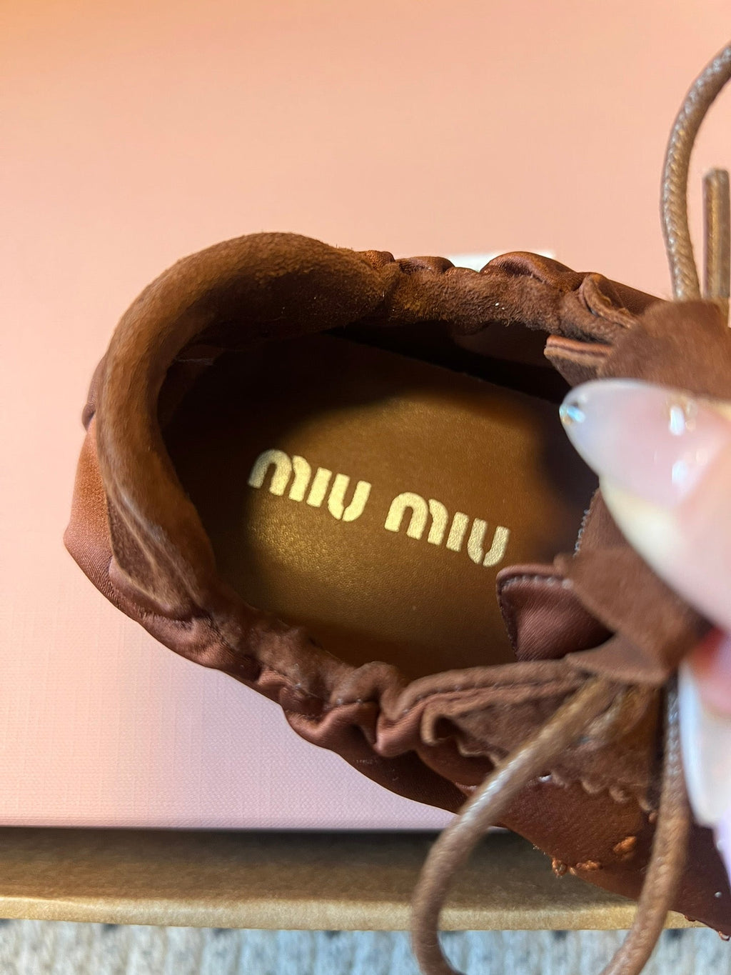 MIUMIU 26S SNEAKERS IN CHOCOLATE BROWN PLUME SATIN