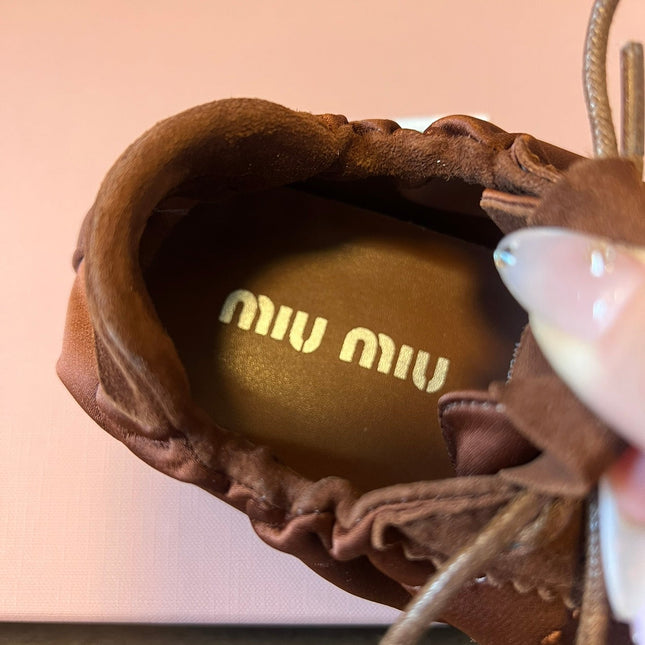 MIUMIU 26S SNEAKERS IN CHOCOLATE BROWN PLUME SATIN