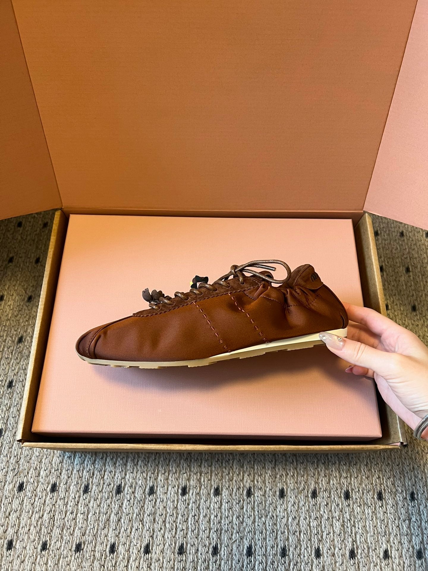 MIUMIU 26S SNEAKERS IN CHOCOLATE BROWN PLUME SATIN