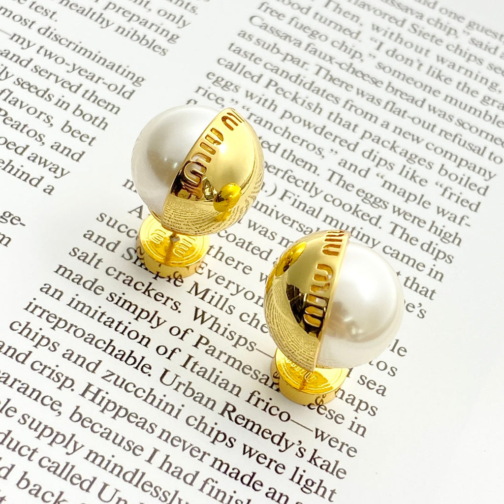 MIUMIU 26S PEARL BALL LOGO STUD EARRINGS IN GOLD TONE METAL 621512