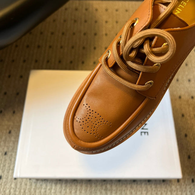 CELINE 26S LACE-UP LOAFERS IN BROWN CALFSKIN