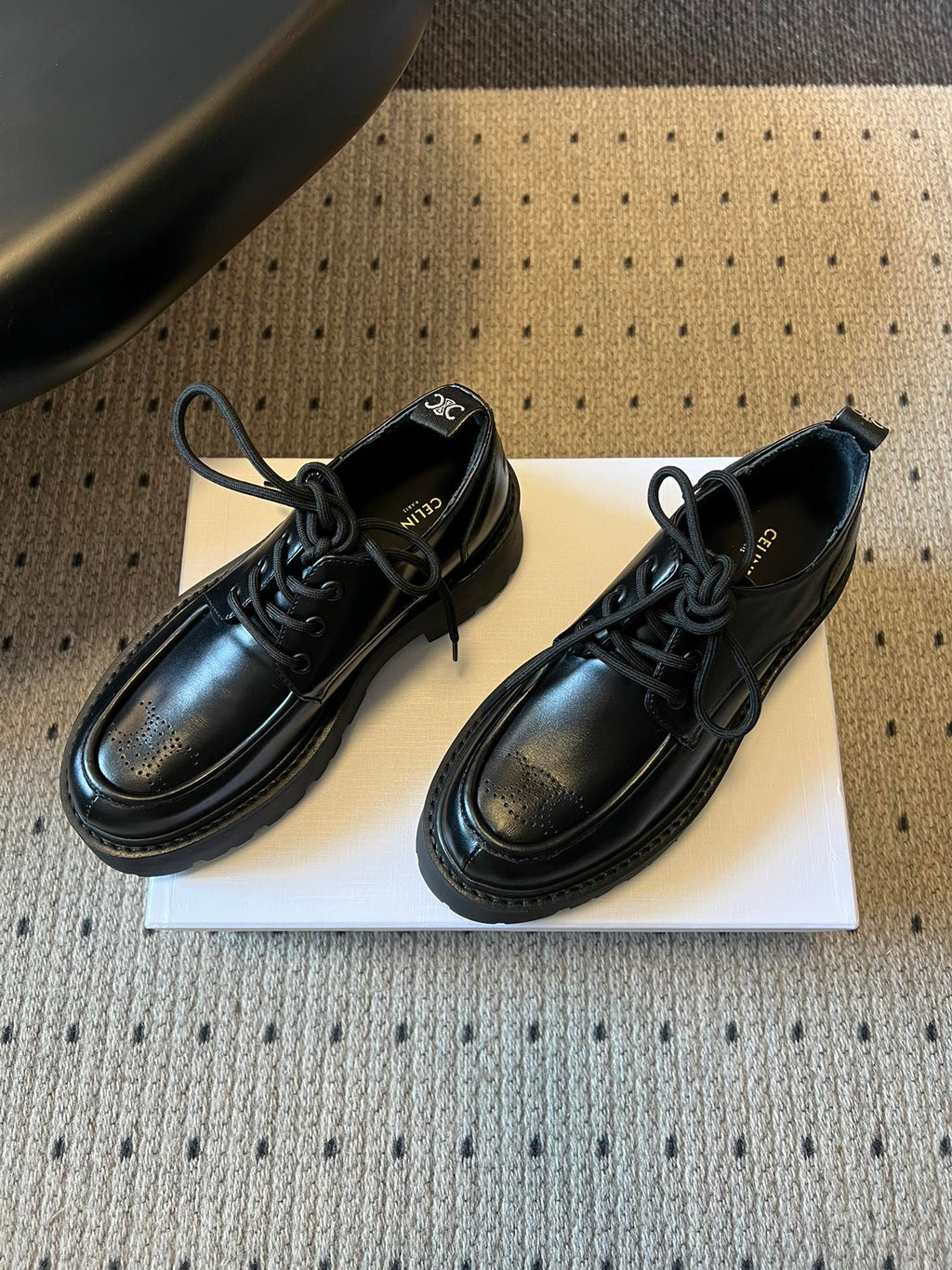 CELINE 26S LACE-UP LOAFERS IN BLACK CALFSKIN