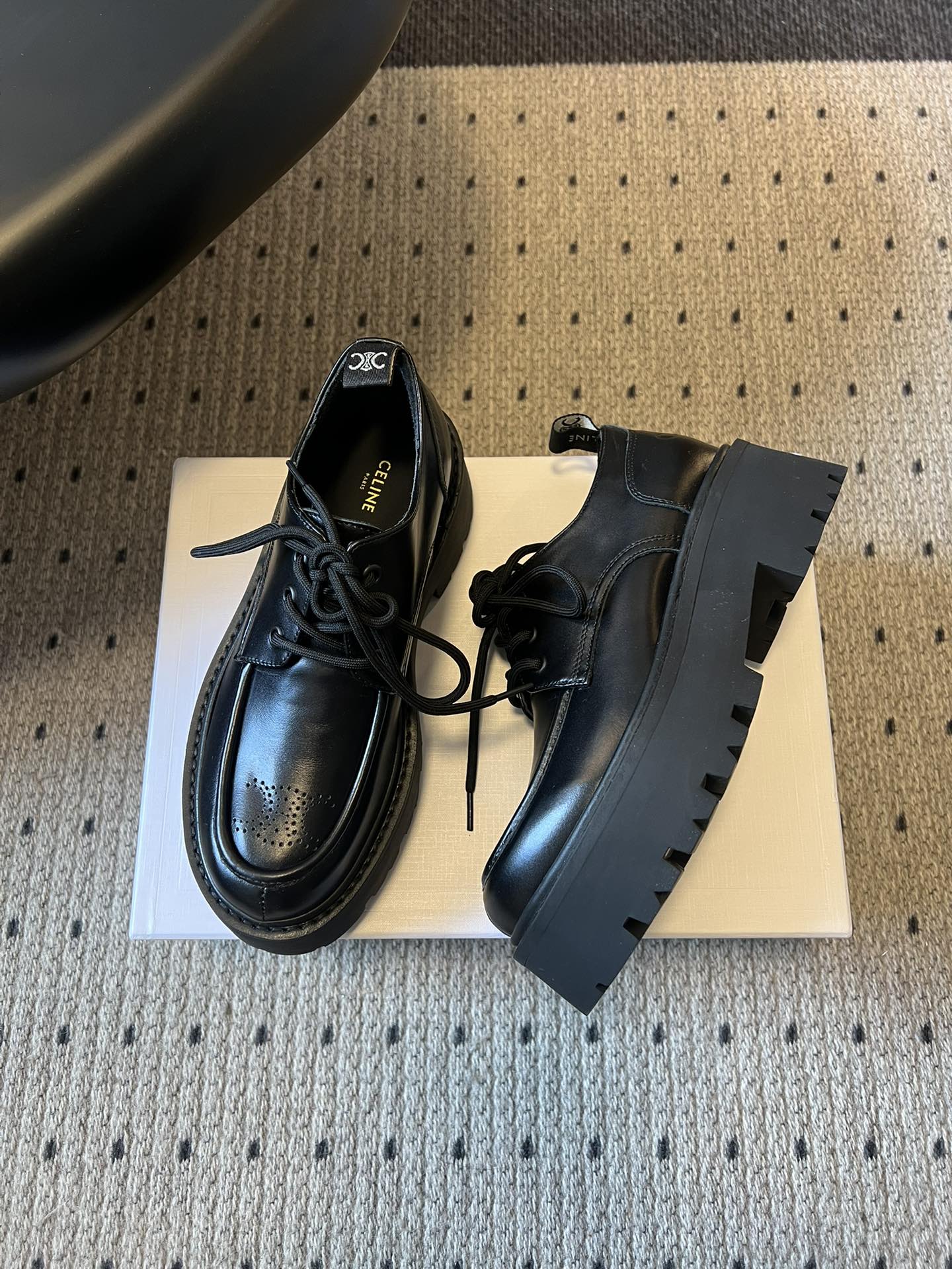 CELINE 26S LACE-UP LOAFERS IN BLACK CALFSKIN