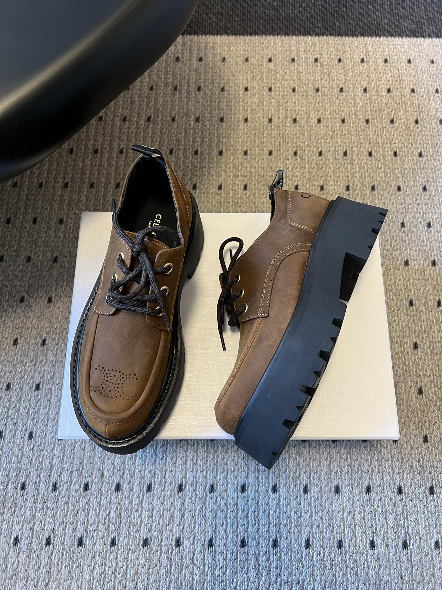 CELINE 26S LACE-UP LOAFERS IN DARK BROWN CALFSKIN