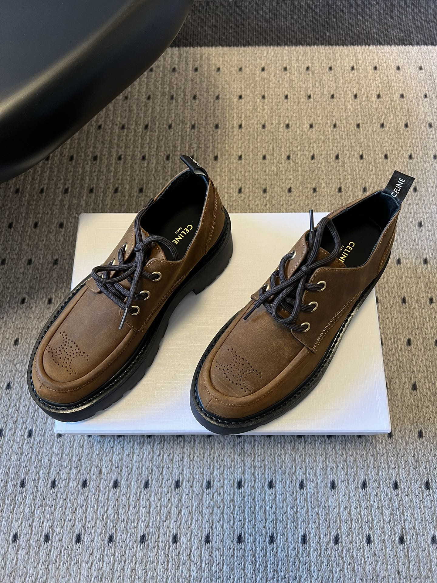 CELINE 26S LACE-UP LOAFERS IN DARK BROWN CALFSKIN